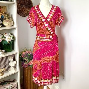 Diane Von Furstenberg Silk Colorful Abstract Print Wrap Dress pink orange 4 SM